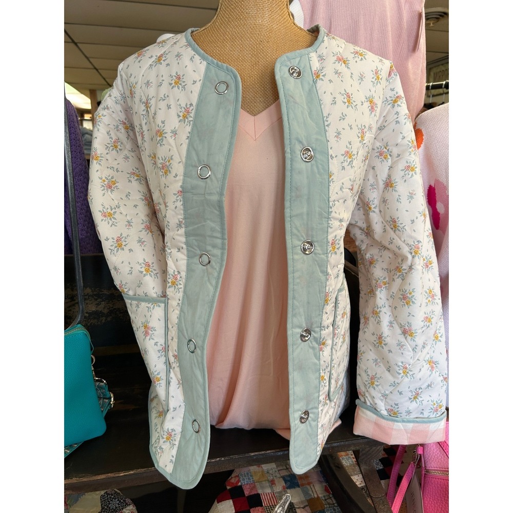 Floral Quilted Cotton Jacket Sage Green Pink Gingham Lining Snap Front B6SJ1005